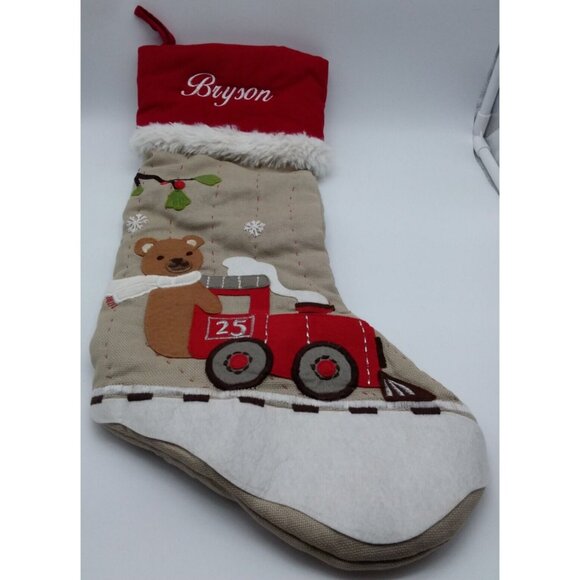 Pottery Barn Kids Bryson Bear on Train Christmas Stocking Holiday Xmas Quilted - Picture 1 of 9